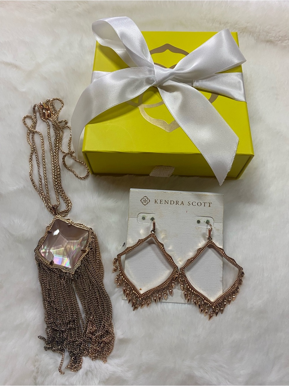 Kendra Scott Rose Gold Iridescent Crystal Fringe Necklace & Earrings